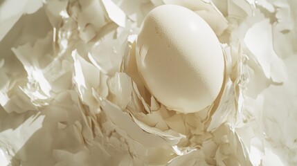 Poster - A close-up of a broken eggshell, revealing the creamy white interior, with delicate shards scattered around, evoking a sense of freshness and new beginnings