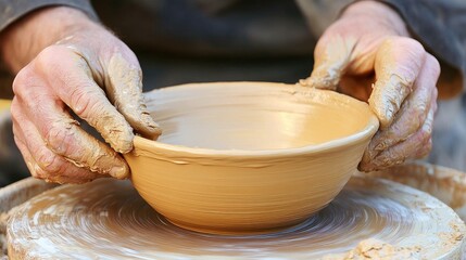 Aufkleber - A close-up of a clay bowl being shaped on a spinning wheel by a potter hands, showing the smooth texture and craftsmanship in the process of creation