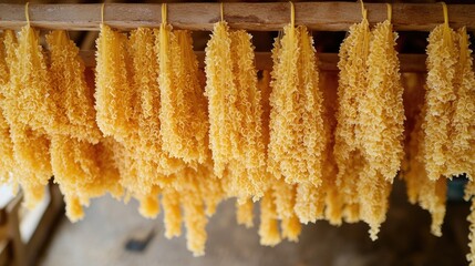 Poster - A close-up of golden pasta strands hanging to dry in a rustic pasta workshop, showcasing the artisanal process of homemade pasta making