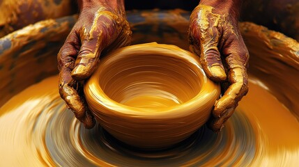 Aufkleber - A close-up of hands shaping a clay bowl on a spinning wheel, capturing the art and precision of pottery-making in a calm, serene studio environment