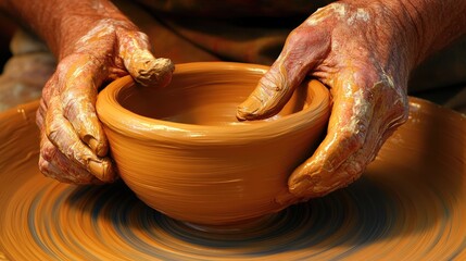Aufkleber - A close-up of hands shaping a clay bowl on a spinning wheel, capturing the art and precision of pottery-making in a calm, serene studio environment