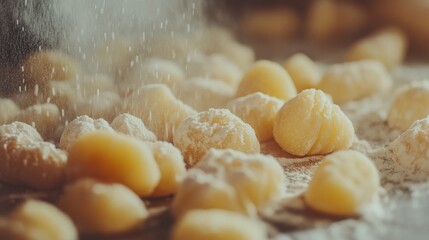 Poster - A close-up of homemade gnocchi, perfectly dusted with flour, ready for cooking, showcasing the delicious texture and craftsmanship of Italian cuisine