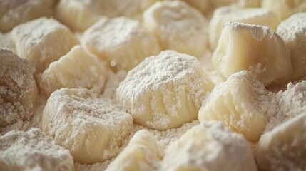 Poster - A close-up of homemade gnocchi, perfectly dusted with flour, ready for cooking, showcasing the delicious texture and craftsmanship of Italian cuisine