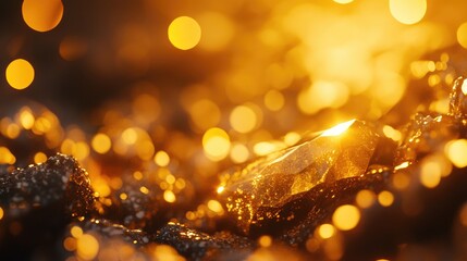 Poster - A close-up of shimmering raw gold nuggets, surrounded by warm golden bokeh lights, evoking wealth, prosperity, and the allure of precious metals