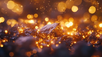 Poster - A close-up shot of raw gold nuggets glimmering under soft bokeh lights, symbolizing luxury, wealth, and the timeless allure of precious metals