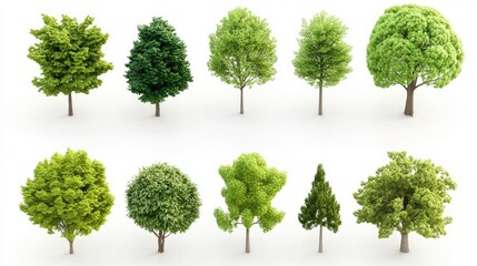 Poster - A collection of 3D cute tree models, each with unique designs, isolated on a clean white background, perfect for modern design concepts