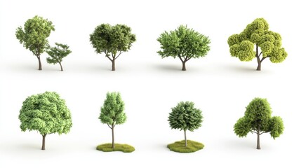 Poster - A collection of 3D cute tree models, each with unique designs, isolated on a clean white background, perfect for modern design concepts