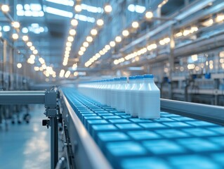 Canvas Print - Milk bottles on a production line. AI.