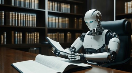 Poster - Robotic librarian analyzes legal texts virtual library ai technology professional environment close-up view future of knowledge management