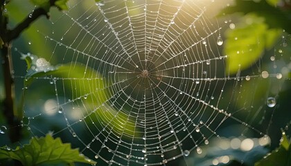 A detailed macro shot of a raindrop-covered spiderweb glistening in the soft morning light, suspended between green leaves.
