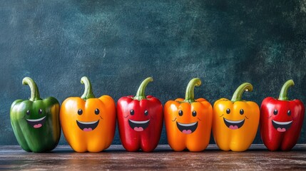 Poster - A fun and vibrant scene of smiling bell peppers lined up, creating a joyful and healthy atmosphere with their colorful, expressive faces