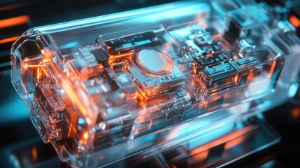 Poster - A futuristic transparent device showcasing its internal components, illuminated by soft lighting to highlight the cutting-edge technology inside