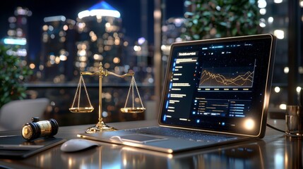 Poster - Legal analysis process urban office digital display nighttime environment professional viewpoint technology-driven concepts for law firms