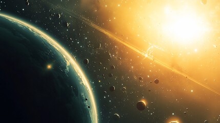 Wall Mural - cosmic dawn: a planet's sunrise in a star-studded nebula