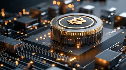 Poster - Cryptocurrency mining operations digital technology workshop graphic art futuristic environment close-up view concept of blockchain innovation
