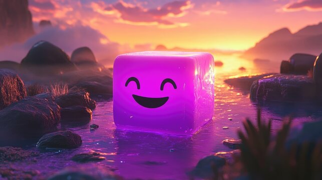 A glowing purple cube featuring a happy, smiling face, set in a vibrant scene, casting a soft glow and creating a fun, cheerful mood