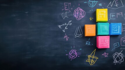 Poster - Vibrant and Colorful Cubes Arranged Playfully on a Blackboard Surface Creating a Whimsical and Engaging Visual Display of Geometry and Artistry