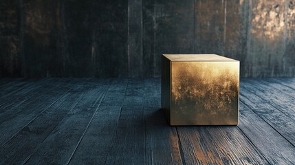 Poster - A golden cube on a dark wooden floor, standing out against the rustic backdrop of the room, showcasing luxury and modern design in a minimalist space