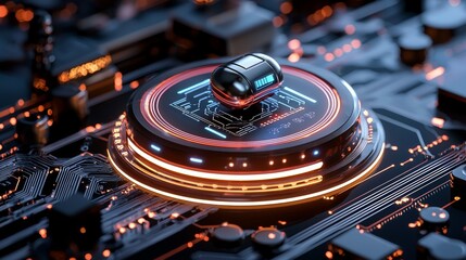 Poster - Futuristic transport vehicle on circuit board technology lab digital art modern environment close-up view innovation concept