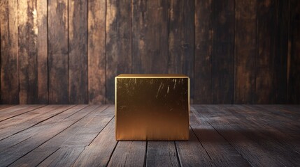 Poster - A golden cube on a dark wooden floor, standing out against the rustic backdrop of the room, showcasing luxury and modern design in a minimalist space
