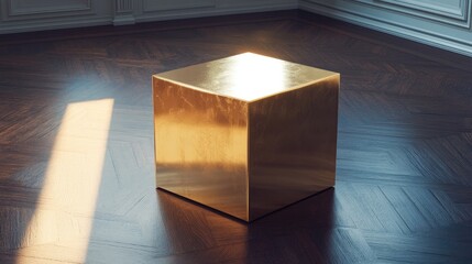 Poster - A golden cube reflecting the soft light of the room, placed on a dark wooden floor, evoking a sense of luxury and modern design