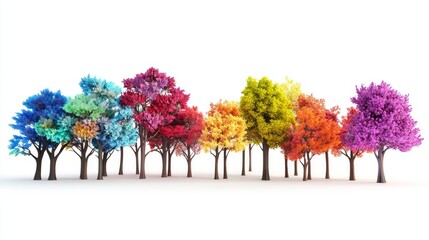 Poster - A group of charming 3D trees, each with colorful foliage and creative designs, isolated on a white background, evoking a cheerful and modern feel