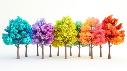 Poster - A group of charming 3D trees, each with colorful foliage and creative designs, isolated on a white background, evoking a cheerful and modern feel