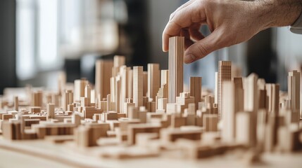 Poster - A hand adjusting a wooden skyscraper model on a cityscape model, showcasing the intricate work of architectural development and city growth
