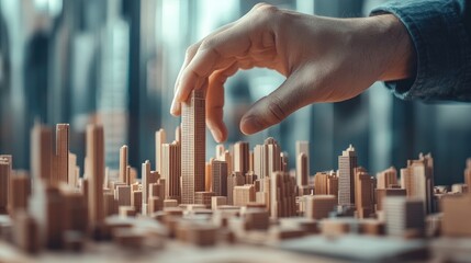 Aufkleber - A hand gently placing a wooden skyscraper model within a cityscape, symbolizing growth and development, against a backdrop of architectural designs