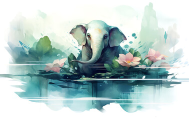 cartoon of an elephant in the ocean with lotus flower, surrounded by water and underwater surface in