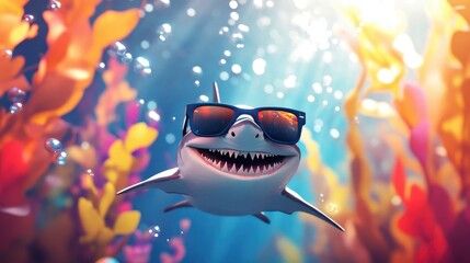 Poster - A happy shark wearing trendy sunglasses, drifting through a vivid underwater scene with bubbles and colorful sea plants in the background