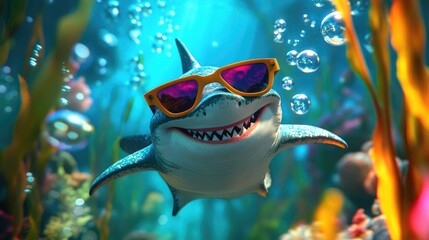 Poster - A happy shark wearing trendy sunglasses, drifting through a vivid underwater scene with bubbles and colorful sea plants in the background