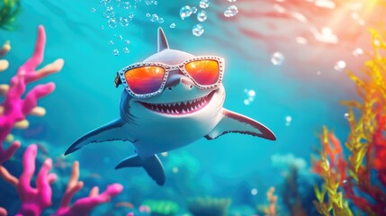 Poster - A happy shark wearing trendy sunglasses, drifting through a vivid underwater scene with bubbles and colorful sea plants in the background
