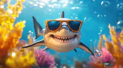 Poster - A happy shark wearing trendy sunglasses, drifting through a vivid underwater scene with bubbles and colorful sea plants in the background