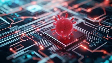 Poster - A Vibrant Red Corona Symbol Illuminating a Complex Circuit Board Background Highlights the Fusion of Technology and Artistic Expression in Modern Design