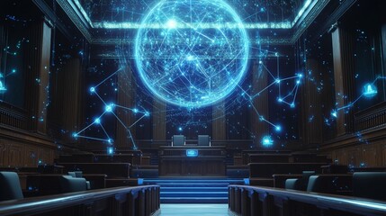 Poster - Innovative digital projection showcases interactive technology in an elegant courtroom setting inspiring future legal innovations