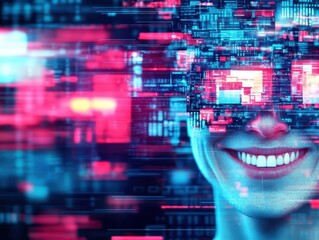 Poster - Captivating Portrait of a Woman Illuminated by a Futuristic Digital Interface Evoking a Sense of Innovation and Modernity in a Technology Driven World