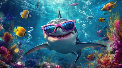 Poster - A joyful shark in stylish sunglasses, floating through an underwater paradise full of colorful seaweed, vibrant fish, and playful bubbles