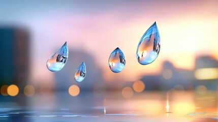 Poster - A macro shot of raindrops clinging to a smooth glass surface with a blurred background.