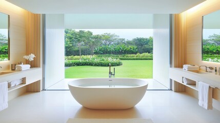 Poster - A minimalist bathroom with a freestanding tub and a large window overlooking a serene garden.
