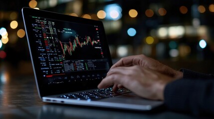 Poster - A person is typing on a laptop with a stock market graph on the screen