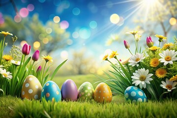  Spring Easter Background with Painted Eggs and Blooms