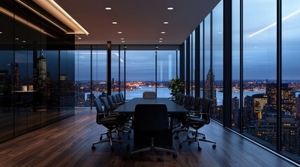 Poster - A large conference room with a long table and chairs