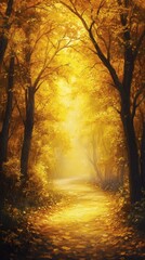 Poster - Winding autumn road through a forest of goldenyellow trees Sunlight beams through the branches creating a glowing carpet of leaves that leads the eye into the forest's depth