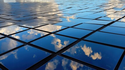 Poster - A blue sky with clouds and a reflection of the clouds on a tiled floor