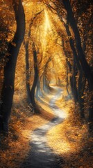 Poster - Winding autumn road through a forest of goldenyellow trees Sunlight beams through the branches creating a glowing carpet of leaves that leads the eye into the forest's depth