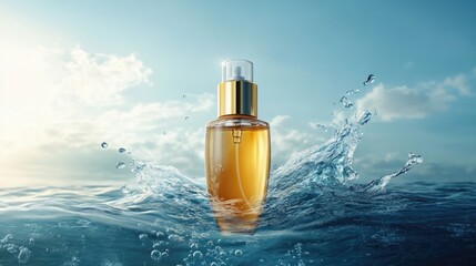 Aufkleber - A luxurious skincare bottle immersed in cool water with rising bubbles, set against a calm blue backdrop, creating a fresh and rejuvenating vibe