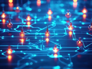Poster - Intricate Circuit Board Featuring Numerous Illuminated Light Bulbs Creating a Dynamic Visual Display of Technology and Innovation in Modern Electronics