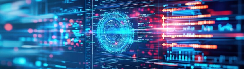 Fototapete - Futuristic Interface Displaying Advanced Technology Concepts in a High-Tech Environment with Neon Accents and a Dynamic Visual Aesthetic of Innovation