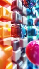 Poster - Abstract 3D background featuring floating spheres cubes with smooth surfaces arranged in a pattern of interconnected layers Soft shadows and vivid colors make for an eyecatching wallpaper